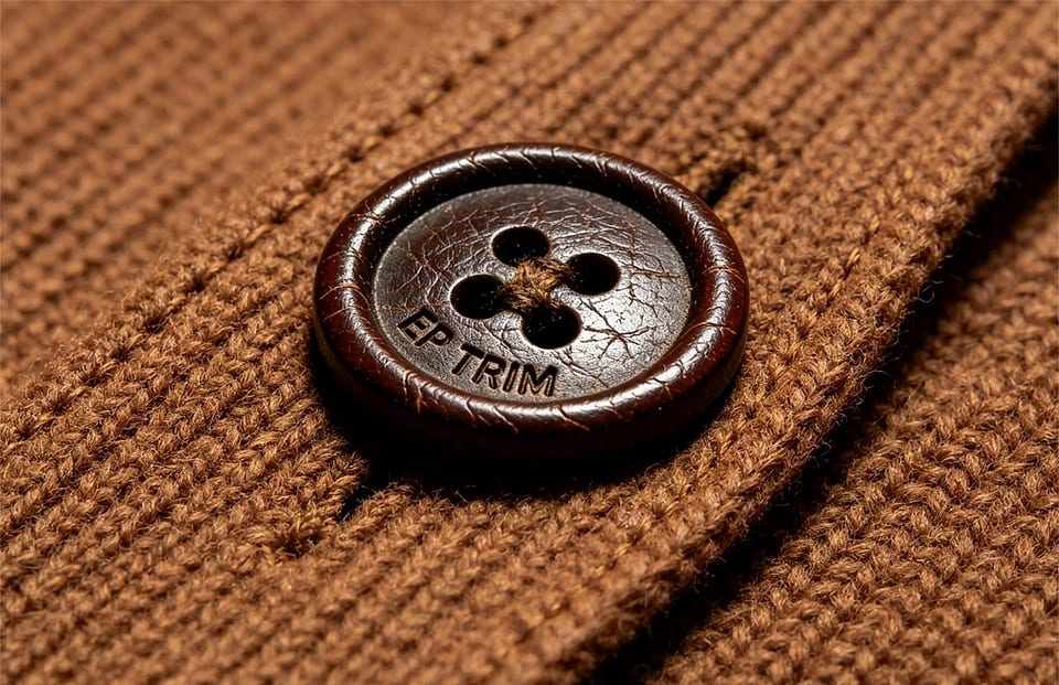 EP TRIM Vegetable-tanned leather button photographed — A deep-brown button in specially hardened leather, with a pronounced n