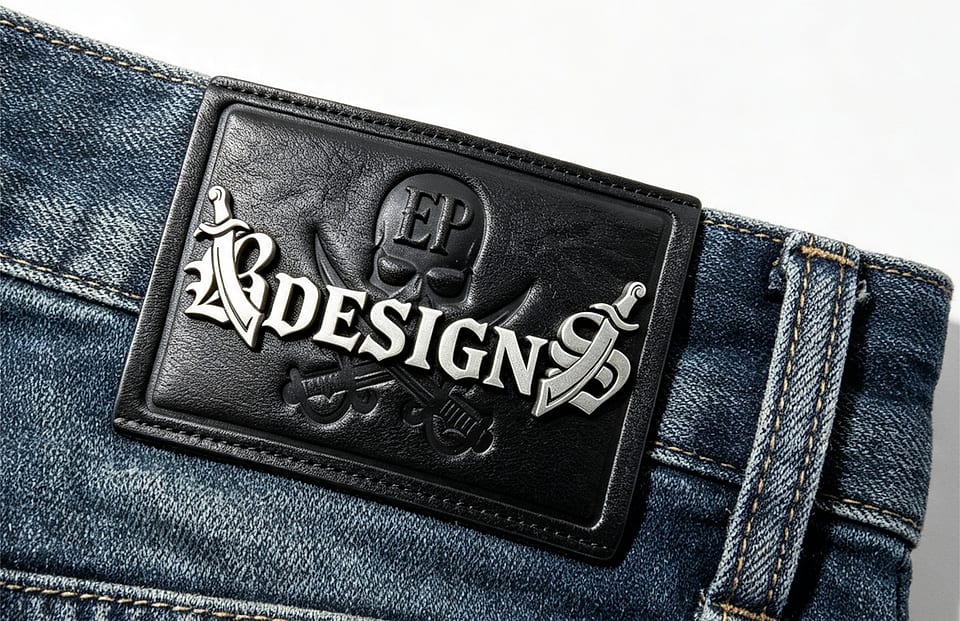 EP TRIM Cowhide patch with metal hardware photographed — Black vegetable-tanned and composite leather with an aged silver zinc-