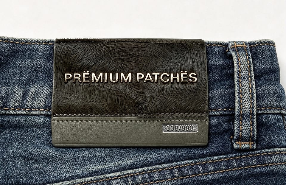 EP TRIM military-green horsehair and leather patch photographed — cast-metal lettering set into the hair