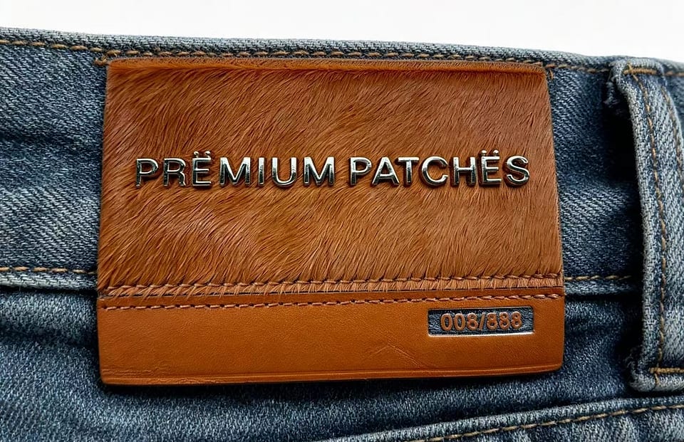 EP TRIM brown cow-hair and leather patch photographed — cast-metal lettering and brass nameplate