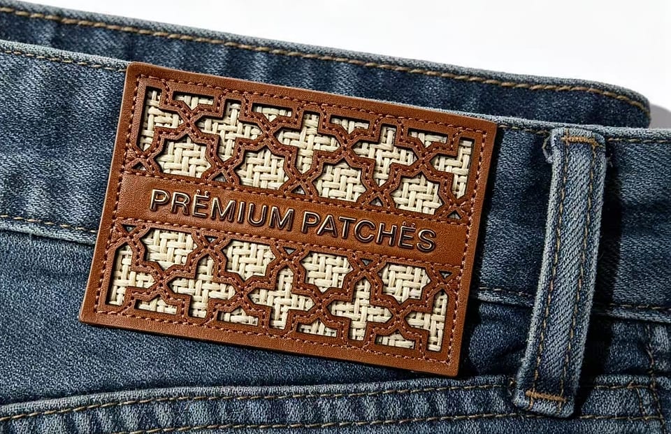 EP TRIM Laser-cut leather patch with woven inlay photographed — A brown vegetable-tanned frame — leather that patinas beautifully with