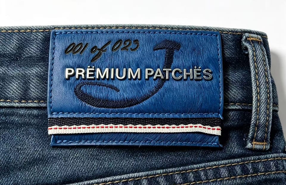 EP TRIM Limited-edition hair-on leather patch with woven tape photographed — The focal point is dyed blue hair-on hide — real animal hair, dyed to