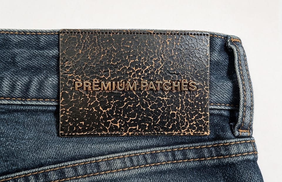 EP TRIM crackle-textured vintage leather patch photographed — aged-bronze cast lettering inlaid